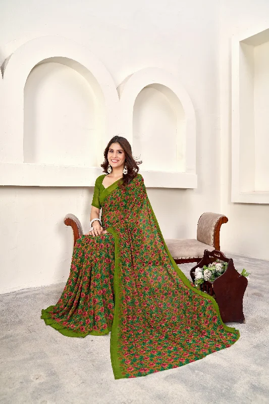 NOZ2TOZ Women Casual Wear Printed Weight Less Saree with Unstitched Blouse - Green Puff Sleeve Blouse NOZ2TOZ Women Casual Wear Printed Weight Less Saree with Unstitched Blouse - Green Puff Sleeve Blouse