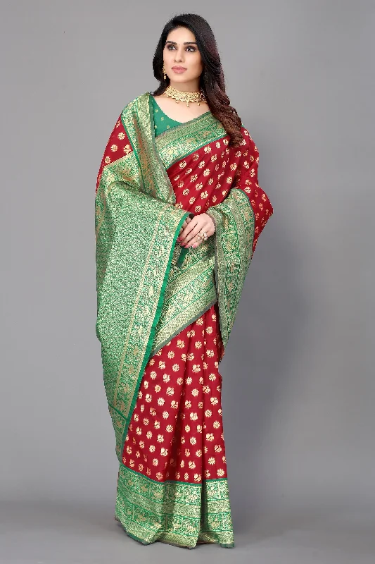 NOZ2TOZ Women Party Wear Bandhani Style Banarasi Silk Saree with Unstitched Blouse - Maroon Soft Pastel Blouse NOZ2TOZ Women Party Wear Bandhani Style Banarasi Silk Saree with Unstitched Blouse - Maroon Soft Pastel Blouse