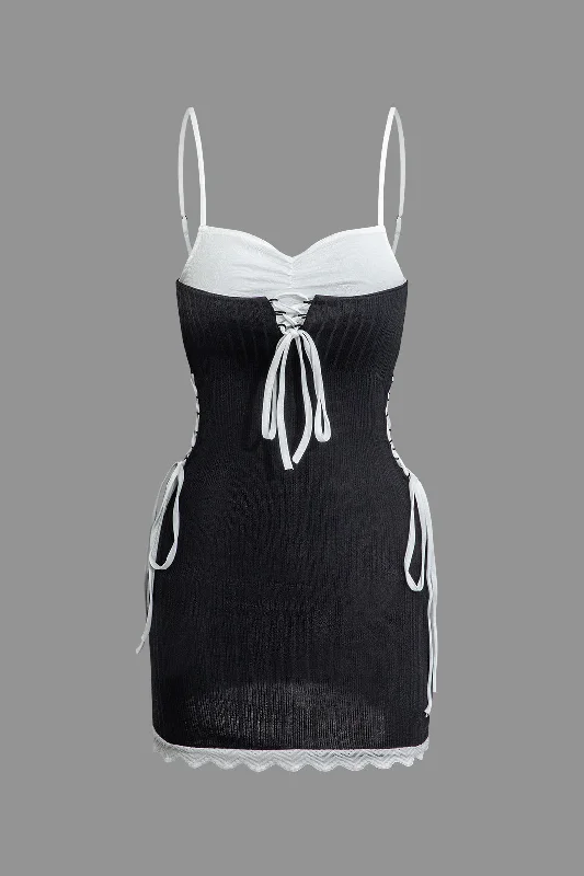 Contrast Drawstring Tie-Up Slip Mini Dress Stylish Short Sleeve Mini Dress