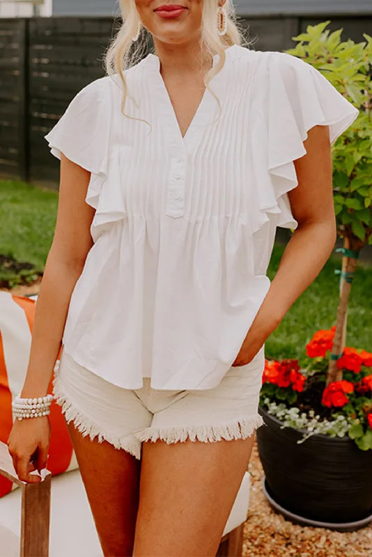White V Neck Pleated Front Ruffled Sleeve Shirt-- Fleece Fabric Down Fabric Feather Fabric