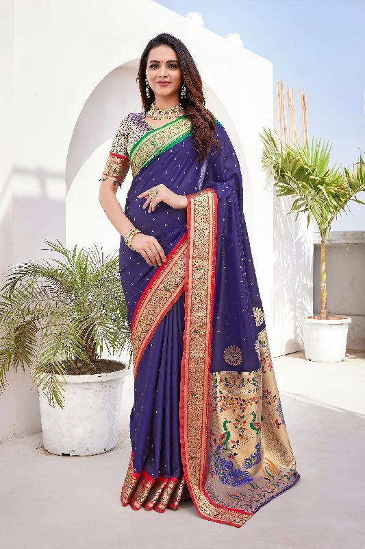 NOZ2TOZ Women Wedding Wear Zari Weaving Paithani Silk Saree with Unstitched Blouse - Navy Blue Sweetheart Neck Blouse NOZ2TOZ Women Wedding Wear Zari Weaving Paithani Silk Saree with Unstitched Blouse - Navy Blue Sweetheart Neck Blouse