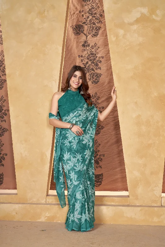 NOZ2TOZ Women Casual Wear Printed Weight Less Saree with Unstitched Blouse - Green Chic Off-Shoulder Blouse