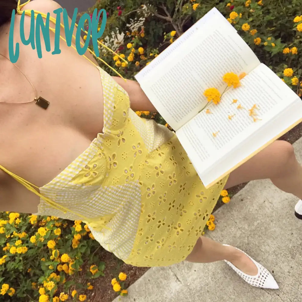 Lunivop Women Sexy Yellow Lace Spliced Plaid Trim Spaghetti Strap Mini Dress Romantic Lady Backless Sleeveless Party Club Bodycon Dress Trendy Tie-Dye Mini Dress