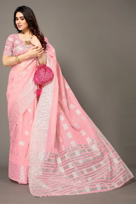 NOZ2TOZ Women Party Wear Banarasi Silk Saree with Unstitched Blouse - Pink Modern Work Blouse NOZ2TOZ Women Party Wear Banarasi Silk Saree with Unstitched Blouse - Pink Modern Work Blouse
