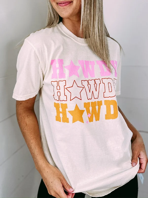 White HOWDY Star Shape Print Crew Neck T Shirt-- Real Fur Shearling Chenille