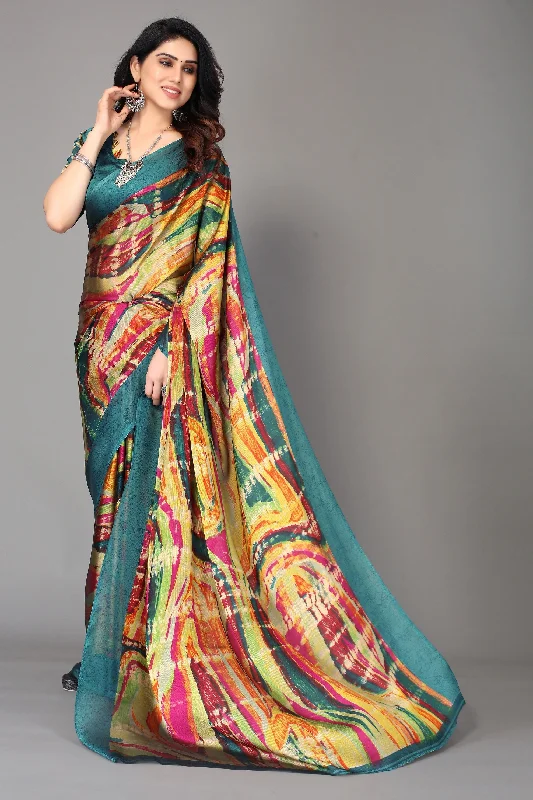 NOZ2TOZ Women Party Wear Printed Chiffon Silk Saree with Unstitched Blouse - Rama Chic Ruffle Blouse NOZ2TOZ Women Party Wear Printed Chiffon Silk Saree with Unstitched Blouse - Rama Chic Ruffle Blouse