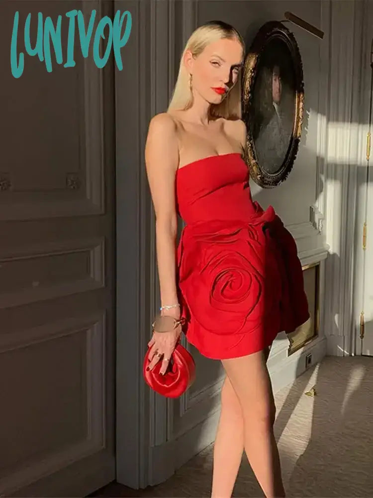 Lunivop Women Fashion Red Flower Strapless Mini Dress Chic Backless Sleeveless Bodycon Elegant Dresses 2024 Lady Solid High Street Robe Elegant Mini Dress with Ruffles Lunivop Women Fashion Red Flower Strapless Mini Dress Chic Backless Sleeveless Bodycon Elegant Dresses 2024 Lady Solid High Street Robe Elegant Mini Dress with Ruffles
