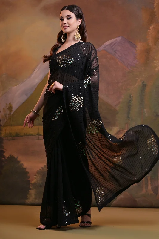 NOZ2TOZ Women Party Wear Sequence Embroidery Worked Georgette Saree with Unstitched Blouse - Black Loose Oversized Blouse NOZ2TOZ Women Party Wear Sequence Embroidery Worked Georgette Saree with Unstitched Blouse - Black Loose Oversized Blouse