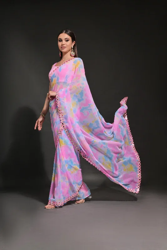 NOZ2TOZ Women Party Wear Prizm Printed Georgette Saree with Unstitched Blouse - Pink Lightweight Floral Blouse NOZ2TOZ Women Party Wear Prizm Printed Georgette Saree with Unstitched Blouse - Pink Lightweight Floral Blouse