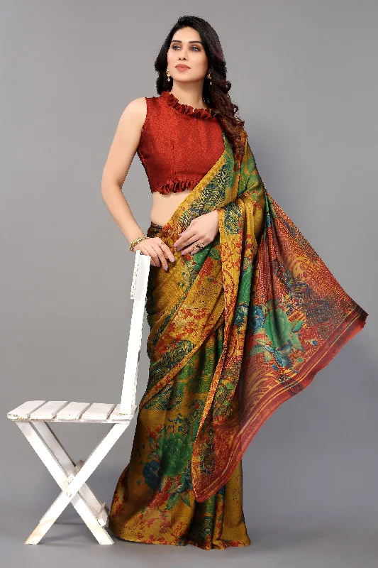 NOZ2TOZ Women Party Wear Printed Chiffon Silk Saree with Unstitched Blouse - Yellow Casual Stripe Blouse NOZ2TOZ Women Party Wear Printed Chiffon Silk Saree with Unstitched Blouse - Yellow Casual Stripe Blouse