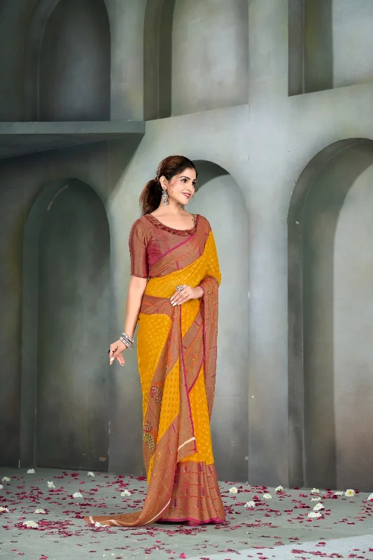 NOZ2TOZ Women Casual Wear Printed Brasso Silk Saree with Unstitched Blouse - Yellow Boho Chic Blouse NOZ2TOZ Women Casual Wear Printed Brasso Silk Saree with Unstitched Blouse - Yellow Boho Chic Blouse