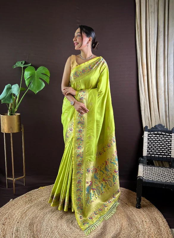 NOZ2TOZ Women Party Wear Zari Weaving Paithani Silk Saree with Unstitched Blouse - Parrot Green Puff Sleeve Blouse NOZ2TOZ Women Party Wear Zari Weaving Paithani Silk Saree with Unstitched Blouse - Parrot Green Puff Sleeve Blouse