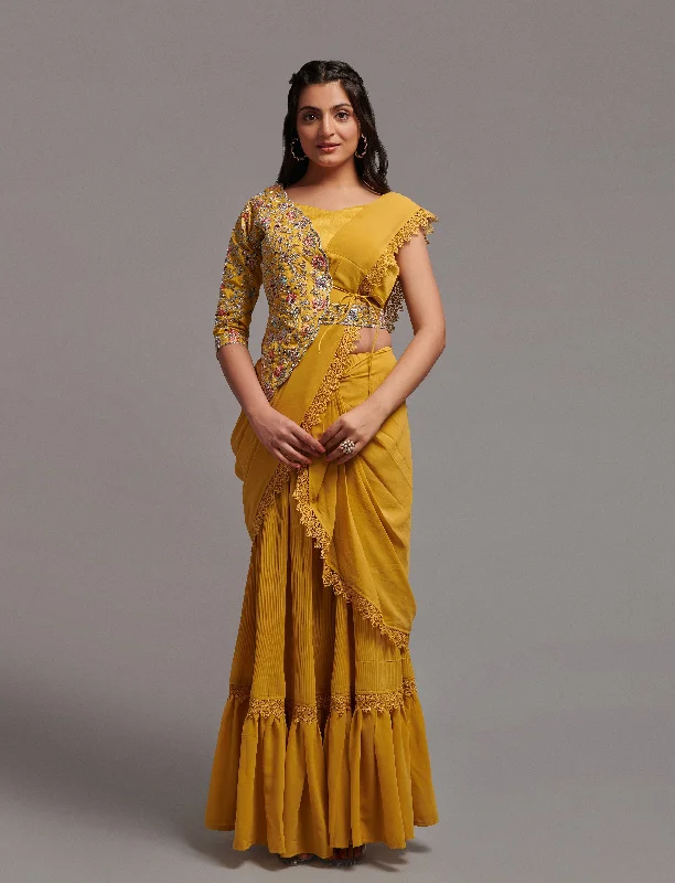 NOZ2TOZ Women Wedding Wear Ready to Wear Georgette Saree with Stitched Blouse(Free Size-Up to 42) - Yellow Office Formal Blouse NOZ2TOZ Women Wedding Wear Ready to Wear Georgette Saree with Stitched Blouse(Free Size-Up to 42) - Yellow Office Formal Blouse
