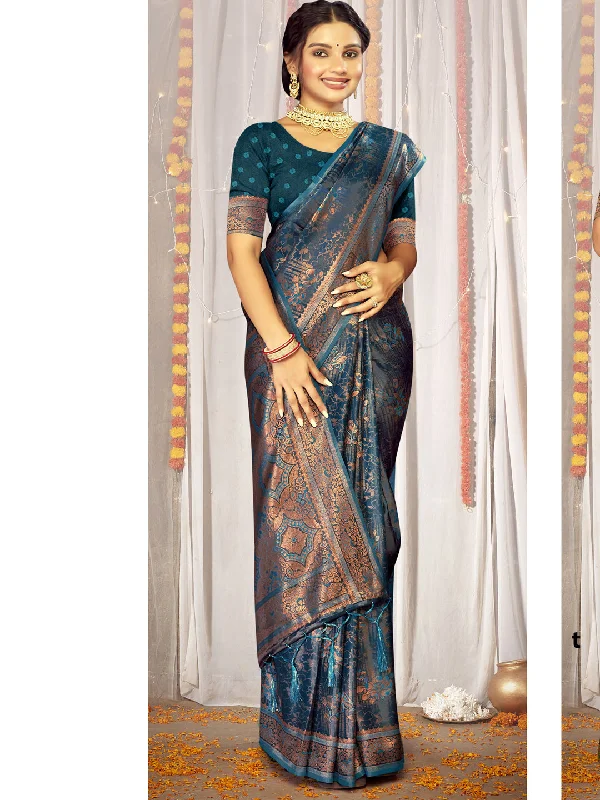 Women Blue Satin Silk Saree With Un Stitched Blouse - Aanika Stylish Wrap Blouse