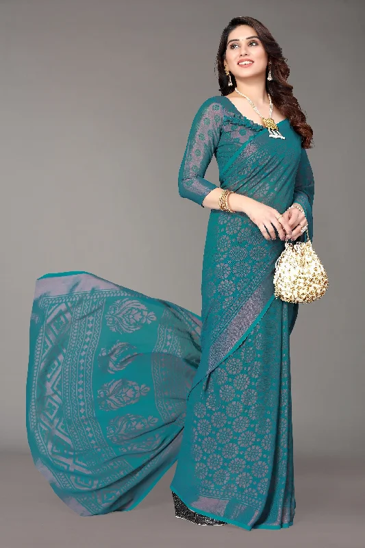 NOZ2TOZ Women Party Wear Printed Brasso Chiffon Saree with Unstitched Blouse - Rama Classic Minimalist Blouse NOZ2TOZ Women Party Wear Printed Brasso Chiffon Saree with Unstitched Blouse - Rama Classic Minimalist Blouse