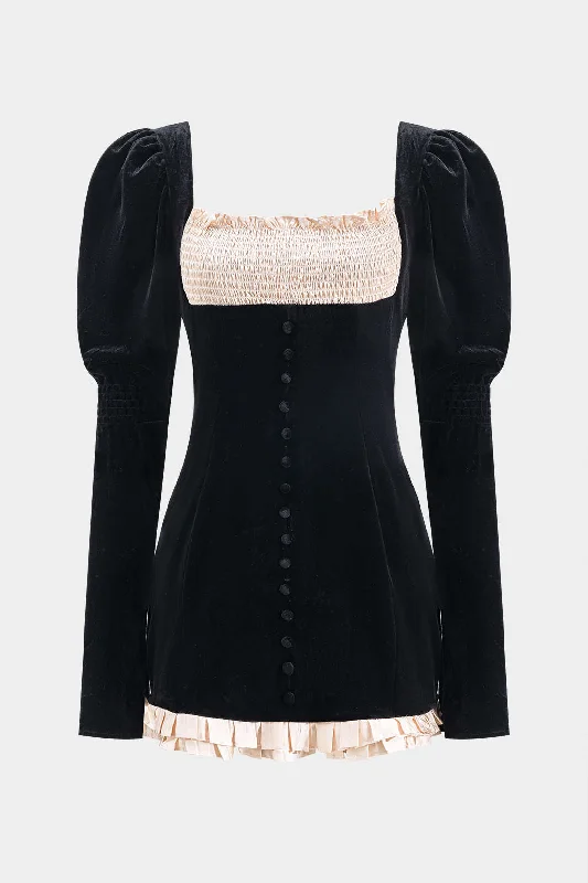 Velvet Patchwork Button Zipper Long Sleeve Mini Dress Elegant Mini Dress with Ruffles Velvet Patchwork Button Zipper Long Sleeve Mini Dress Elegant Mini Dress with Ruffles