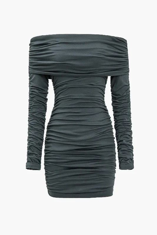 Ruched One-Shoulder Long Sleeve Mini Dress Comfortable Fit-and-Flare Mini Dress
