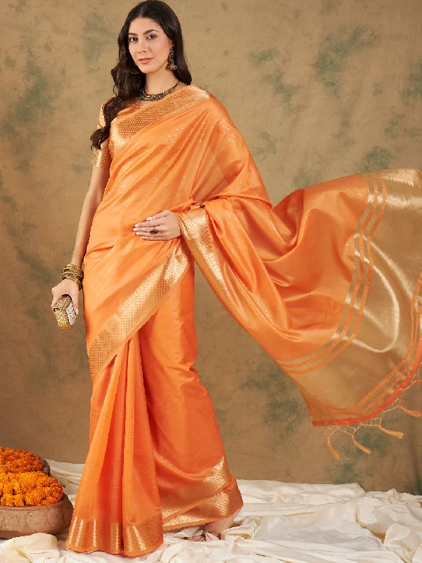 NOZ2TOZ Women Party Wear Cotton Organza Saree with Unstitched Blouse - Orange Versatile Layering Blouse NOZ2TOZ Women Party Wear Cotton Organza Saree with Unstitched Blouse - Orange Versatile Layering Blouse