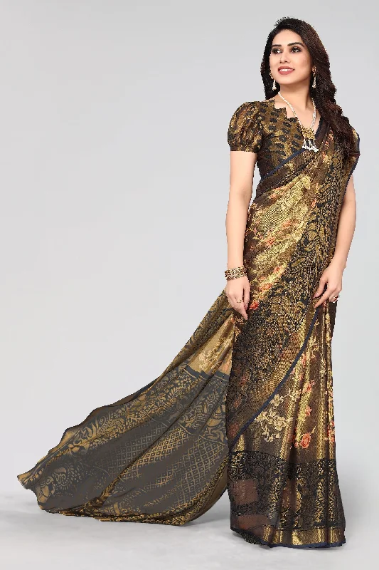 NOZ2TOZ Women Party Wear Printed Brasso Chiffon Saree with Unstitched Blouse - Grey Casual Stripe Blouse NOZ2TOZ Women Party Wear Printed Brasso Chiffon Saree with Unstitched Blouse - Grey Casual Stripe Blouse