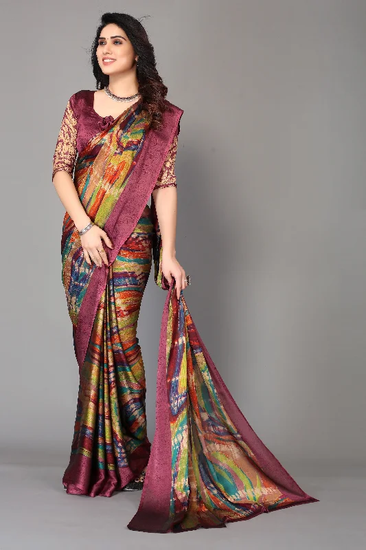 NOZ2TOZ Women Party Wear Printed Chiffon Silk Saree with Unstitched Blouse - Magenta Satin Drape Blouse NOZ2TOZ Women Party Wear Printed Chiffon Silk Saree with Unstitched Blouse - Magenta Satin Drape Blouse