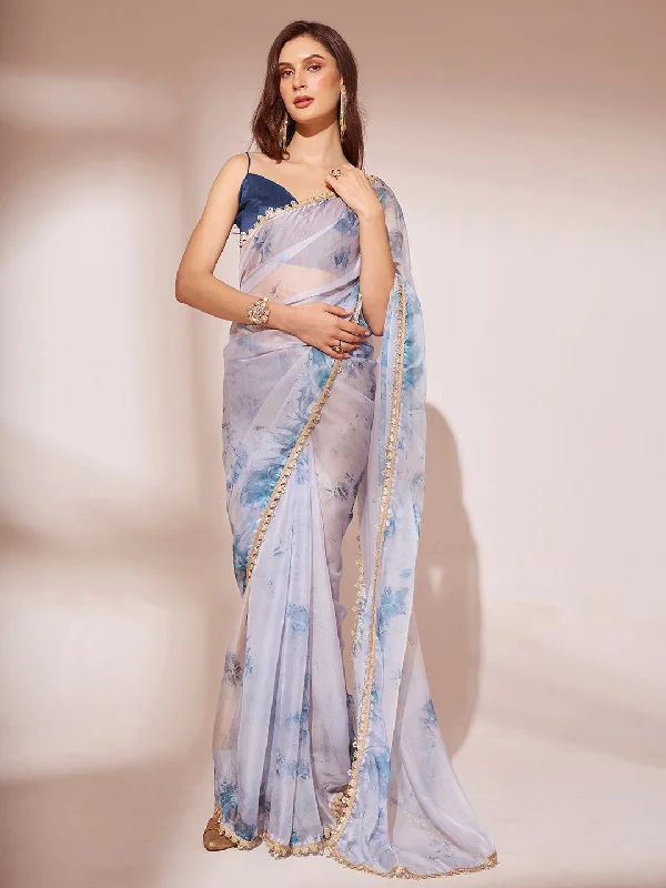 NOZ2TOZ Women Party Wear Printed Organza Saree with Unstitched Blouse - Off White Lightweight Floral Blouse NOZ2TOZ Women Party Wear Printed Organza Saree with Unstitched Blouse - Off White Lightweight Floral Blouse