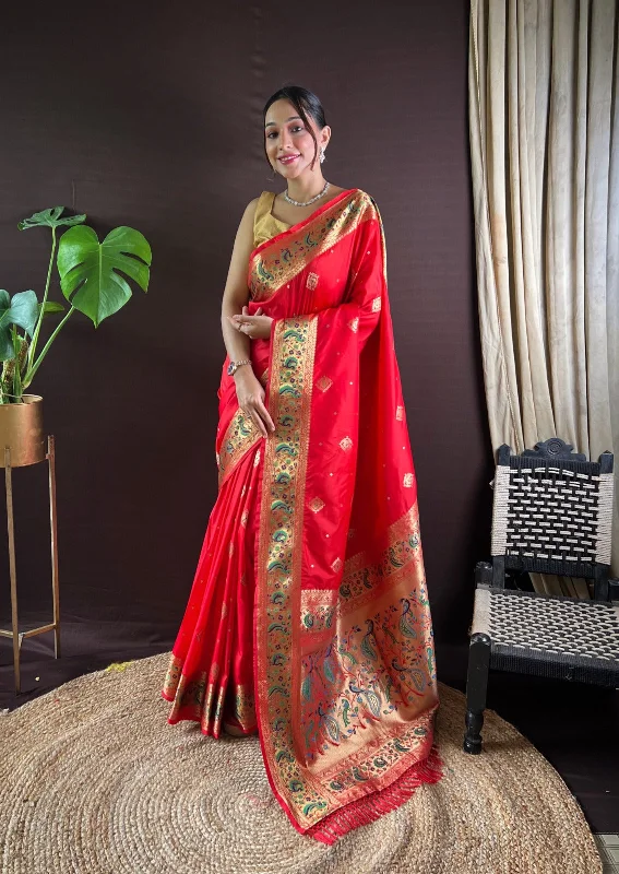 NOZ2TOZ Women Party Wear Zari Weaving Paithani Silk Saree with Unstitched Blouse - Red Collared Satin Blouse NOZ2TOZ Women Party Wear Zari Weaving Paithani Silk Saree with Unstitched Blouse - Red Collared Satin Blouse