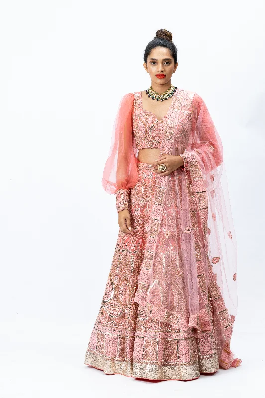Coral Hand-embroidered Lehenga paired with Balloon-sleeved Hand-embroidered Blouse and Hand-embroidered Dupatta with buttis Casual Relaxed Fit Blouse Coral Hand-embroidered Lehenga paired with Balloon-sleeved Hand-embroidered Blouse and Hand-embroidered Dupatta with buttis Casual Relaxed Fit Blouse