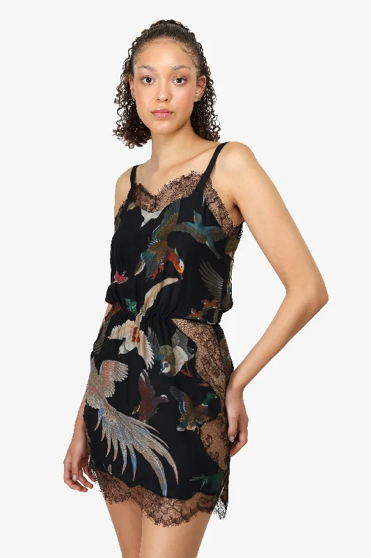 Off-White Black Silk Lace Bird Print Mini Dress Size XS Elegant Lace-Up Mini Dress