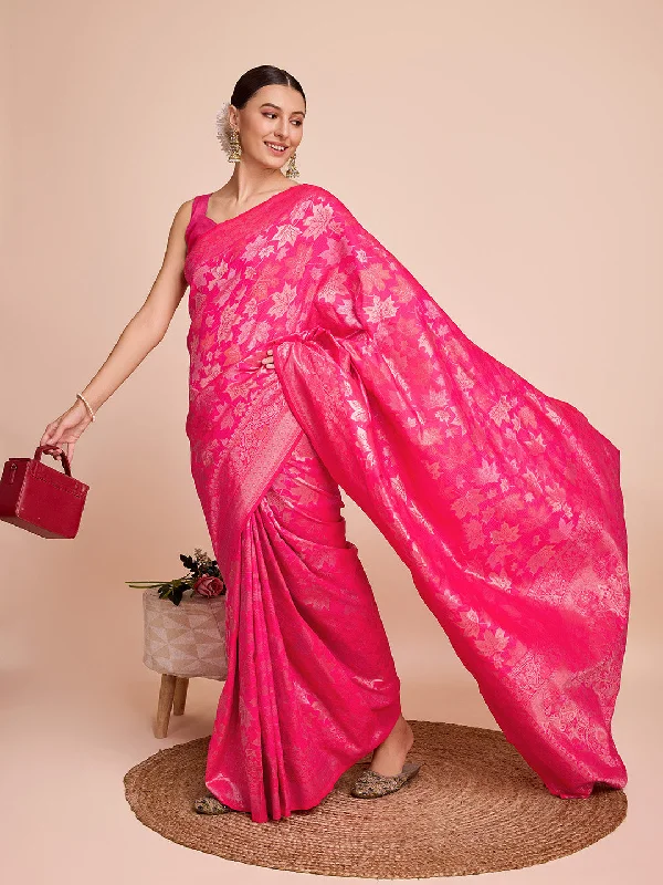 NOZ2TOZ Women Party Wear Double Zari Weaving Pure Silk Saree with Unstitched Blouse - Pink Soft Satin Blouse