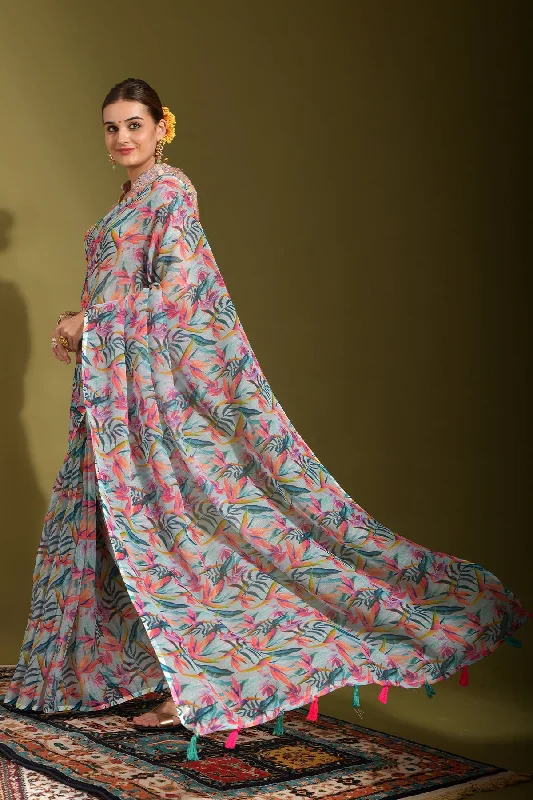 NOZ2TOZ Women Party Wear Printed Linen Saree with Unstitched Blouse - Multicolour Stylish Wrap Blouse NOZ2TOZ Women Party Wear Printed Linen Saree with Unstitched Blouse - Multicolour Stylish Wrap Blouse