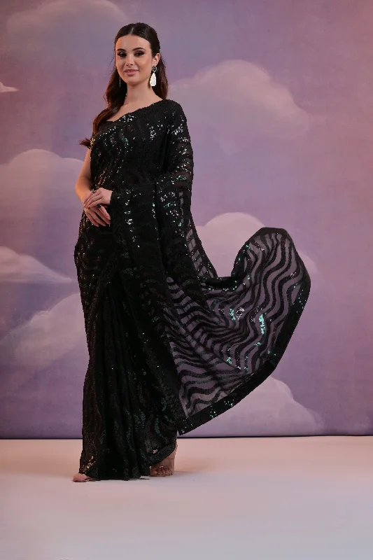 NOZ2TOZ Women Party Wear Sequence Worked Georgette Saree with Unstitched Blouse - Black & Green Short Sleeve Blouse NOZ2TOZ Women Party Wear Sequence Worked Georgette Saree with Unstitched Blouse - Black & Green Short Sleeve Blouse