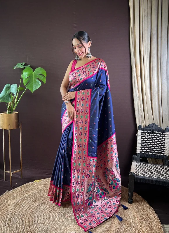 NOZ2TOZ Women Party Wear Zari Weaving Paithani Silk Saree with Unstitched Blouse - Blue Chic Wrap Blouse NOZ2TOZ Women Party Wear Zari Weaving Paithani Silk Saree with Unstitched Blouse - Blue Chic Wrap Blouse