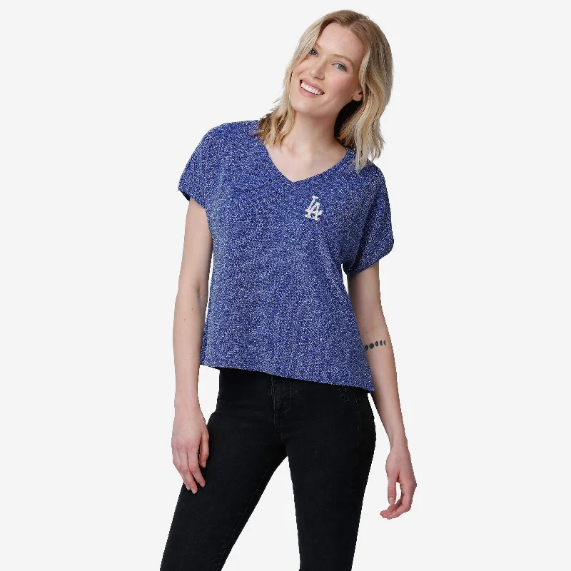 Los Angeles Dodgers Womens Gametime Glitter V-Neck T-Shirt-- Real Fur Shearling Chenille