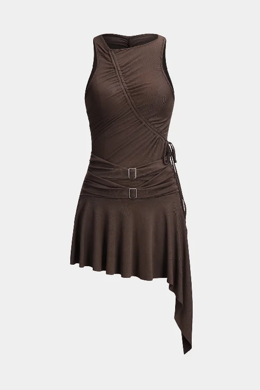 Metallic Ruffle Ruched Drawstring Sleeveless Mini Dress Classic Casual Mini Dress