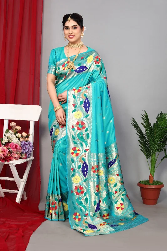 NOZ2TOZ Women Wedding Wear Zari Weaving Paithani Silk Saree with Unstitched Blouse - Rama Classic White Blouse NOZ2TOZ Women Wedding Wear Zari Weaving Paithani Silk Saree with Unstitched Blouse - Rama Classic White Blouse