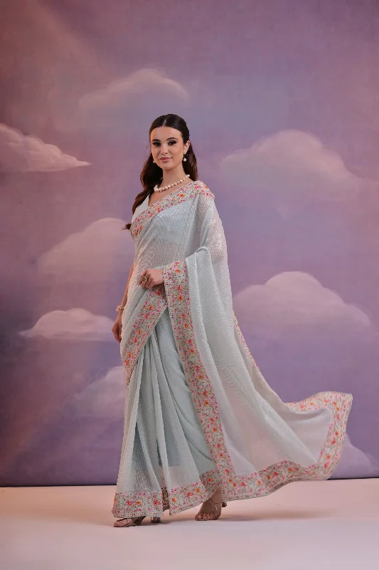 NOZ2TOZ Women Party Wear Sequence Embroidery Worked Georgette Saree with Unstitched Blouse - Pista Green Short Sleeve Blouse NOZ2TOZ Women Party Wear Sequence Embroidery Worked Georgette Saree with Unstitched Blouse - Pista Green Short Sleeve Blouse