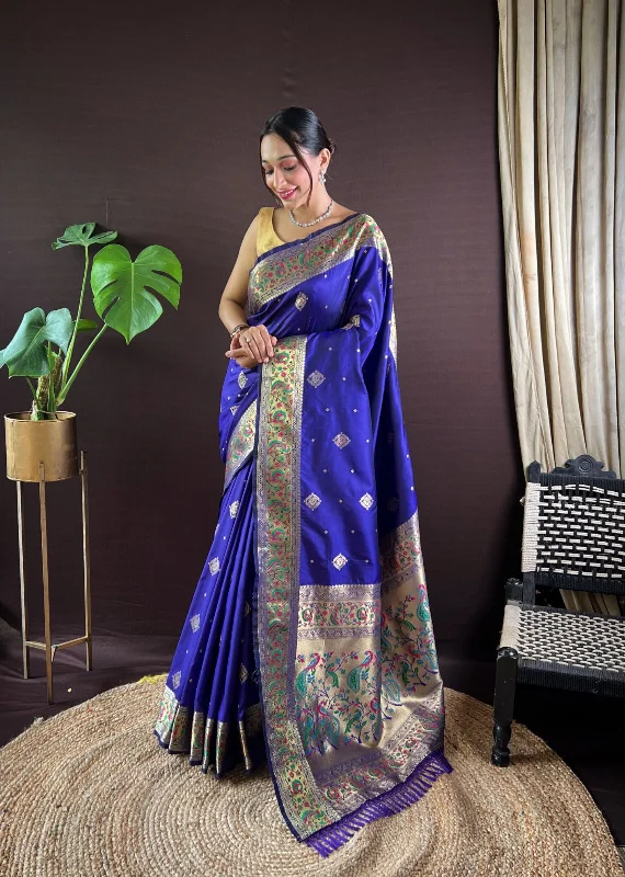 NOZ2TOZ Women Party Wear Zari Weaving Paithani Silk Saree with Unstitched Blouse - Royal Blue Loose Fit Blouse NOZ2TOZ Women Party Wear Zari Weaving Paithani Silk Saree with Unstitched Blouse - Royal Blue Loose Fit Blouse