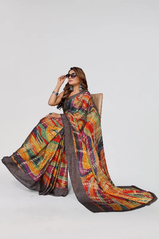 NOZ2TOZ Women Party Wear Printed Chiffon Silk Saree with Unstitched Blouse - Black Polished Work Blouse NOZ2TOZ Women Party Wear Printed Chiffon Silk Saree with Unstitched Blouse - Black Polished Work Blouse