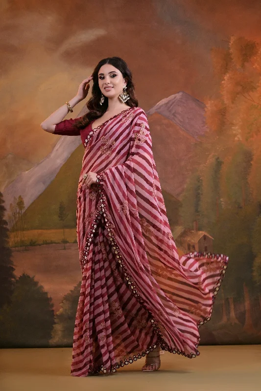 NOZ2TOZ Women Party Wear Leheriya Print Georgette Saree with Unstitched Blouse - Maroon Ruched Sleeve Blouse NOZ2TOZ Women Party Wear Leheriya Print Georgette Saree with Unstitched Blouse - Maroon Ruched Sleeve Blouse
