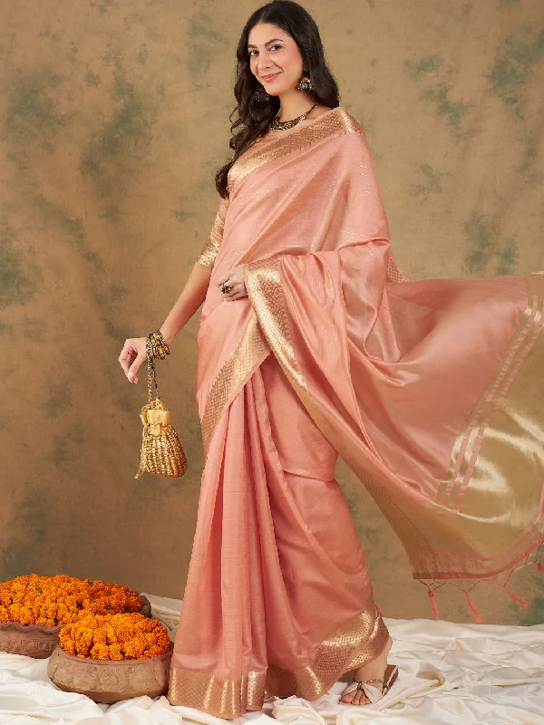 NOZ2TOZ Women Party Wear Cotton Organza Saree with Unstitched Blouse - Peach Elegant Semi-Sheer Blouse NOZ2TOZ Women Party Wear Cotton Organza Saree with Unstitched Blouse - Peach Elegant Semi-Sheer Blouse