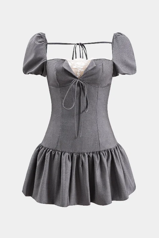 Lace Patchwork Tie-Up Short Sleeve Puff Hem Mini Dress Stylish Sweetheart Neck Mini Dress Lace Patchwork Tie-Up Short Sleeve Puff Hem Mini Dress Stylish Sweetheart Neck Mini Dress