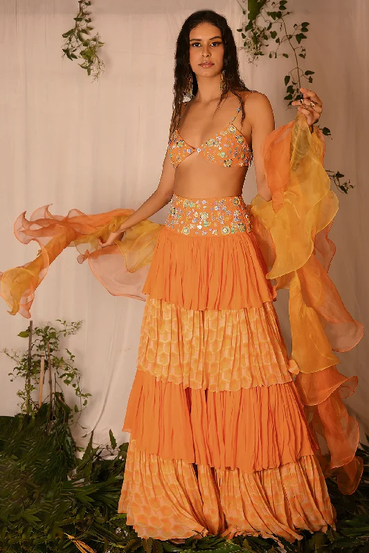 Hand-embroidered Blouse with Hand-embroidered Layered Lehenga and Double Layered Ruffle Dupatta Sleeveless Summer Blouse Hand-embroidered Blouse with Hand-embroidered Layered Lehenga and Double Layered Ruffle Dupatta Sleeveless Summer Blouse