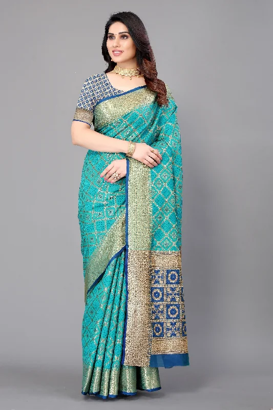 NOZ2TOZ Women Party Wear Leheriya Style Banarasi Silk Saree with Unstitched Blouse - Rama Feminine Pastel Blouse NOZ2TOZ Women Party Wear Leheriya Style Banarasi Silk Saree with Unstitched Blouse - Rama Feminine Pastel Blouse