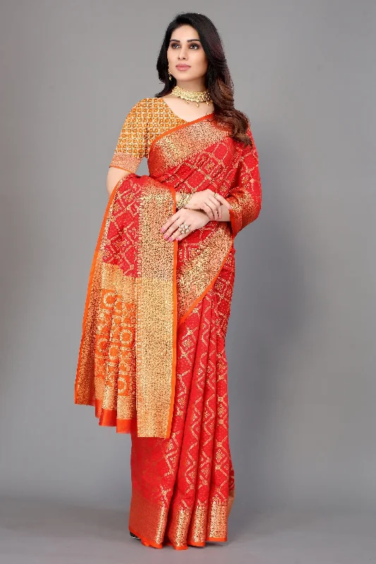 NOZ2TOZ Women Party Wear Leheriya Style Banarasi Silk Saree with Unstitched Blouse - Red Floral Print Blouse NOZ2TOZ Women Party Wear Leheriya Style Banarasi Silk Saree with Unstitched Blouse - Red Floral Print Blouse