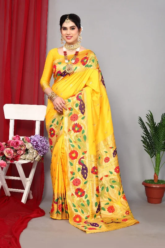 NOZ2TOZ Women Wedding Wear Zari Weaving Paithani Silk Saree with Unstitched Blouse - Yellow Relaxed Fit Blouse NOZ2TOZ Women Wedding Wear Zari Weaving Paithani Silk Saree with Unstitched Blouse - Yellow Relaxed Fit Blouse