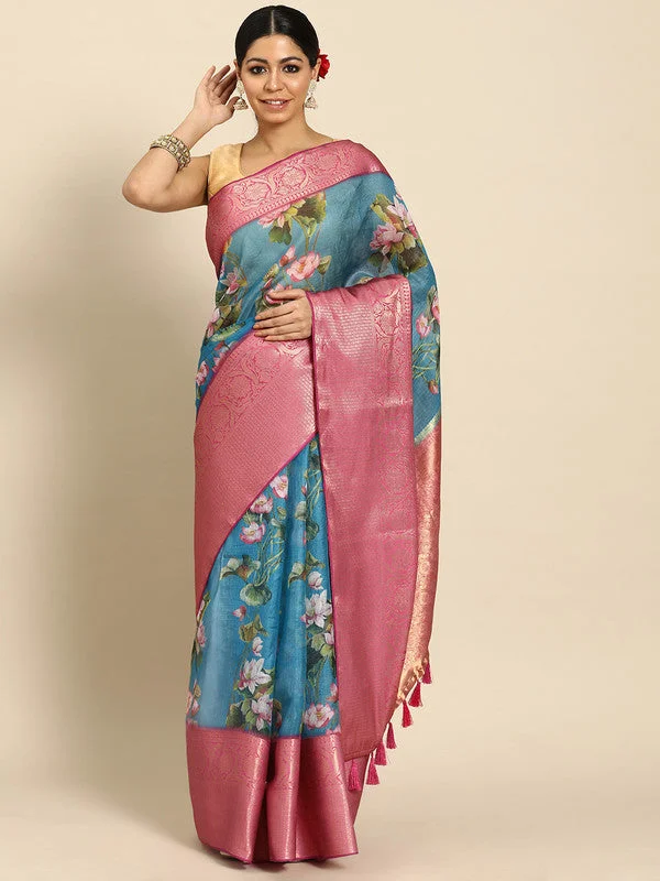 Turquoise Munga Silk Digital Print Floral Saree with Unstitched Blouse - Hiral Fashion Cotton Casual Blouse