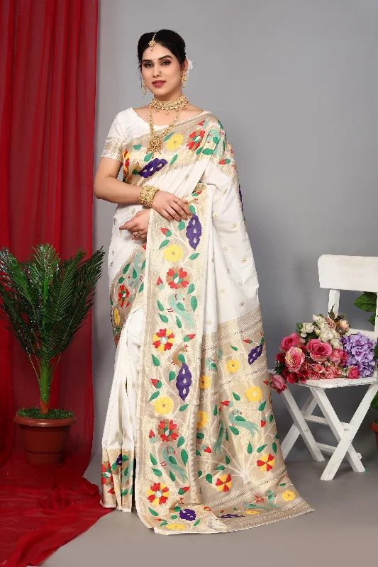 NOZ2TOZ Women Wedding Wear Zari Weaving Paithani Silk Saree with Unstitched Blouse - White Puff Sleeve Blouse NOZ2TOZ Women Wedding Wear Zari Weaving Paithani Silk Saree with Unstitched Blouse - White Puff Sleeve Blouse
