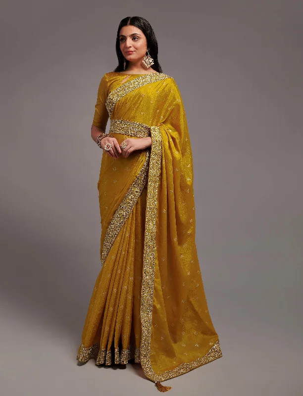 NOZ2TOZ Women Party Wear Premium Chinon Silk Saree with Unstitched Blouse - Mustard Chic Square Blouse NOZ2TOZ Women Party Wear Premium Chinon Silk Saree with Unstitched Blouse - Mustard Chic Square Blouse