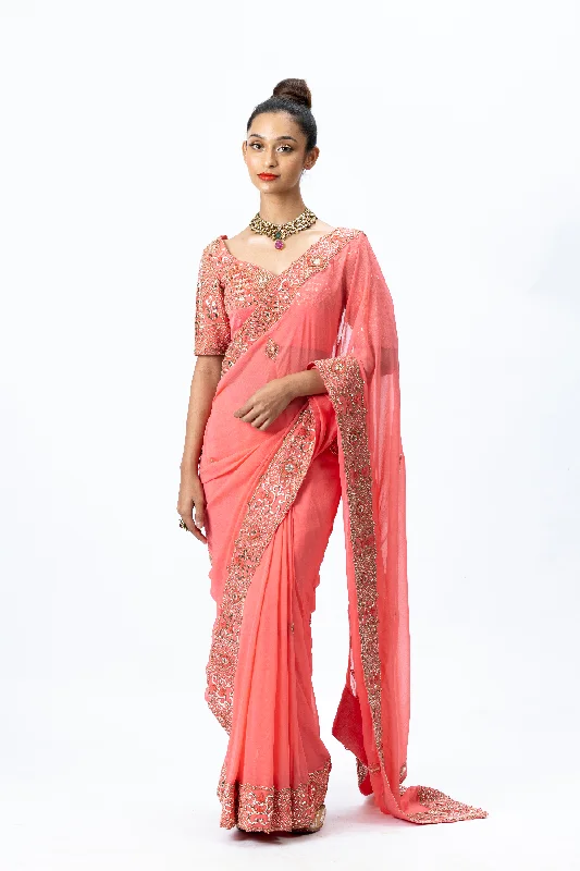 Coral Hand-embroidered Sari paired with Hand-embroidered Blouse and Petticoat Silky Tunic Blouse Coral Hand-embroidered Sari paired with Hand-embroidered Blouse and Petticoat Silky Tunic Blouse
