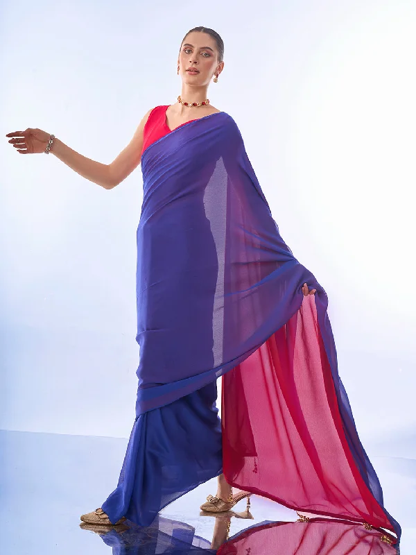 NOZ2TOZ Women Party Wear Printed Georgette Saree with Unstitched Blouse - Purple & Pink Classic White Blouse NOZ2TOZ Women Party Wear Printed Georgette Saree with Unstitched Blouse - Purple & Pink Classic White Blouse
